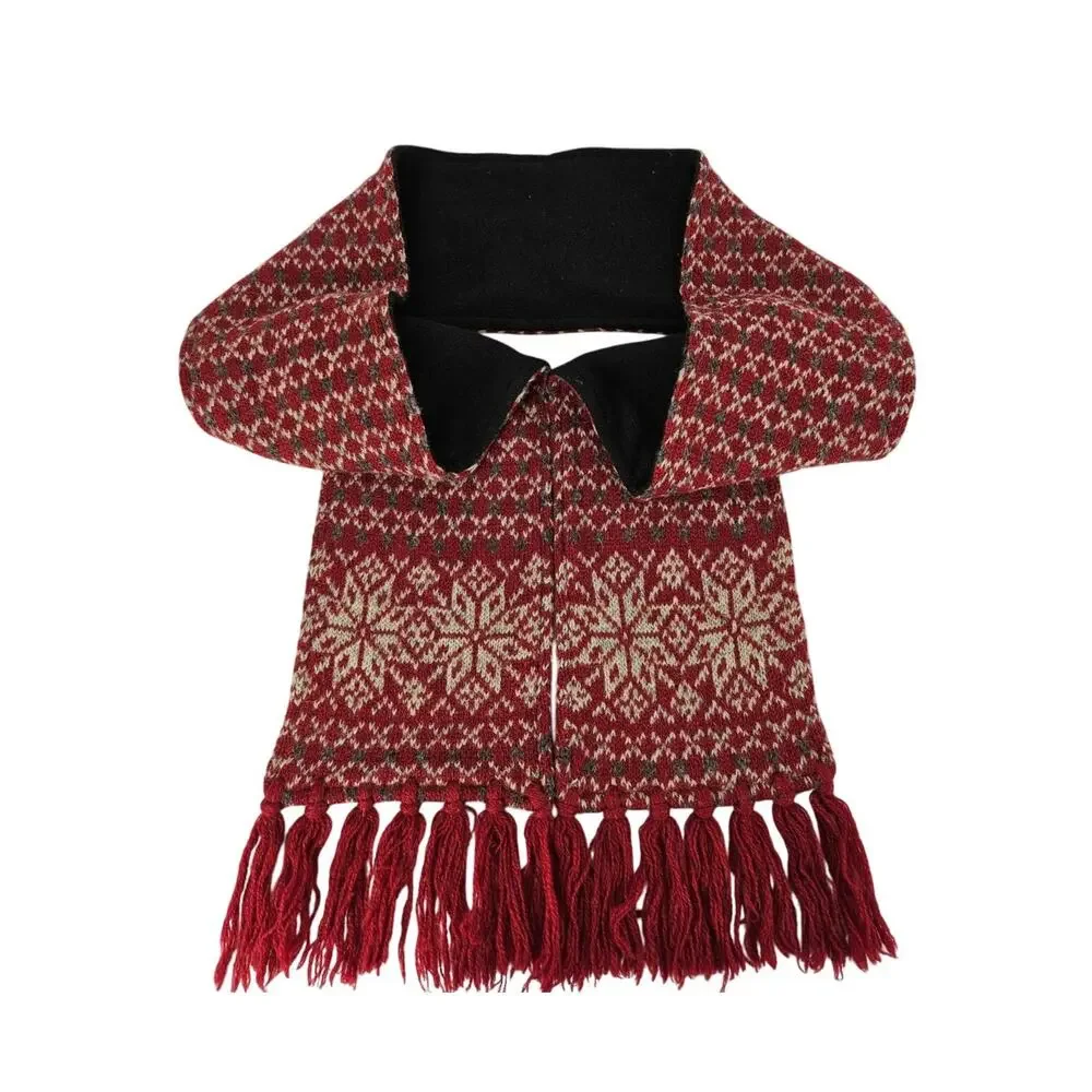 WOOLRICH KNITTED COLLAR SCARF – RED & WHITE SNOWFLAKE PATTERN TASSEL TRIM LINED